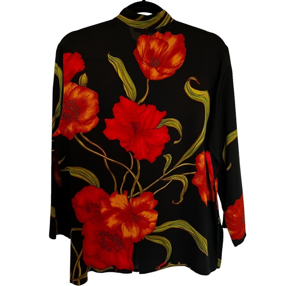 Harari Top Womens M Silk Black Floral Mandarin Neck Button Closure Tropical - Picture 7 of 7